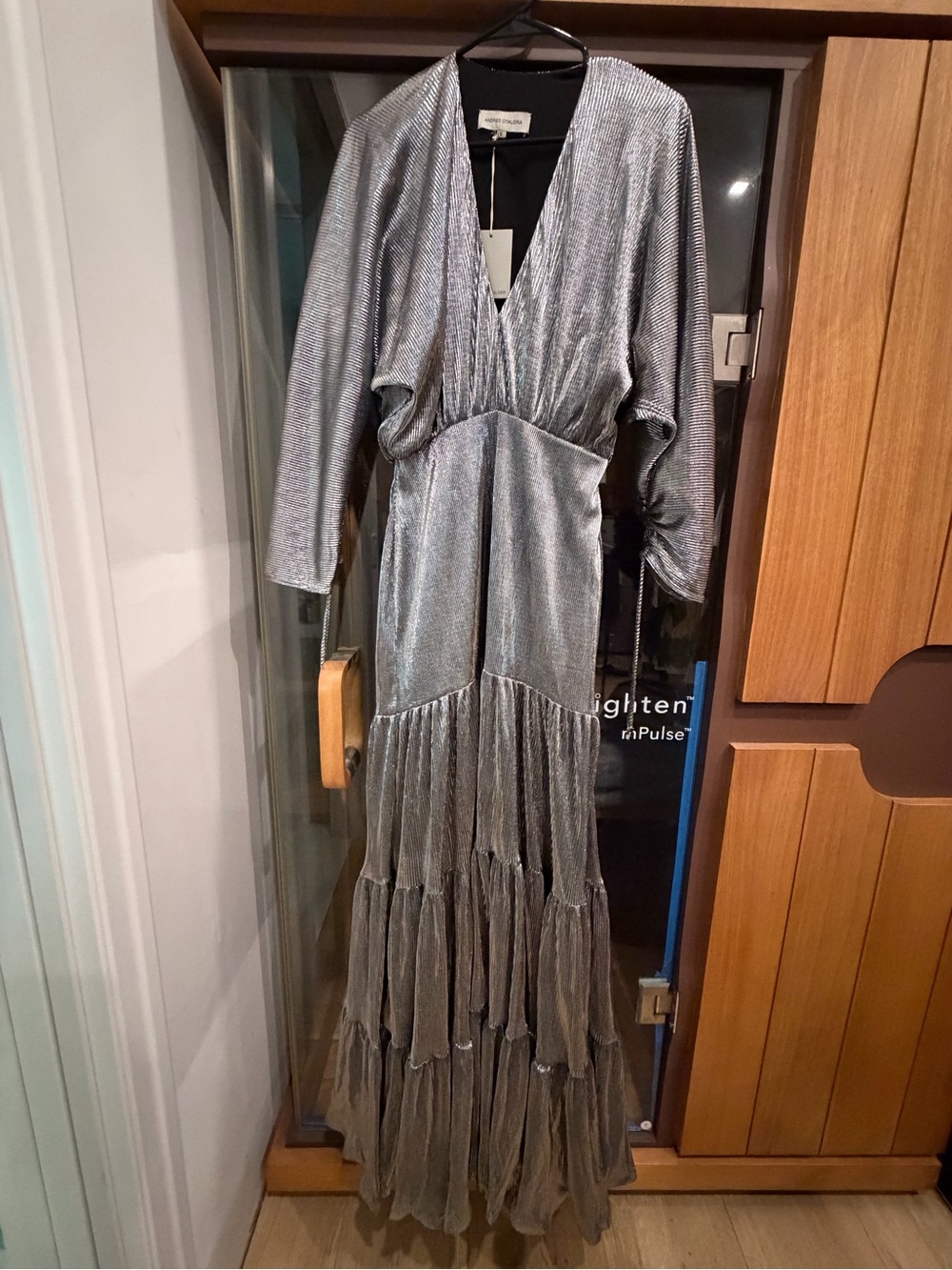 Metallic Silver Tiered Deep V Maxi Dress